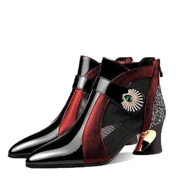 Mesh Ankle Boots with Rhinestones Black Red Gold 42 - Picture 1 of 9
